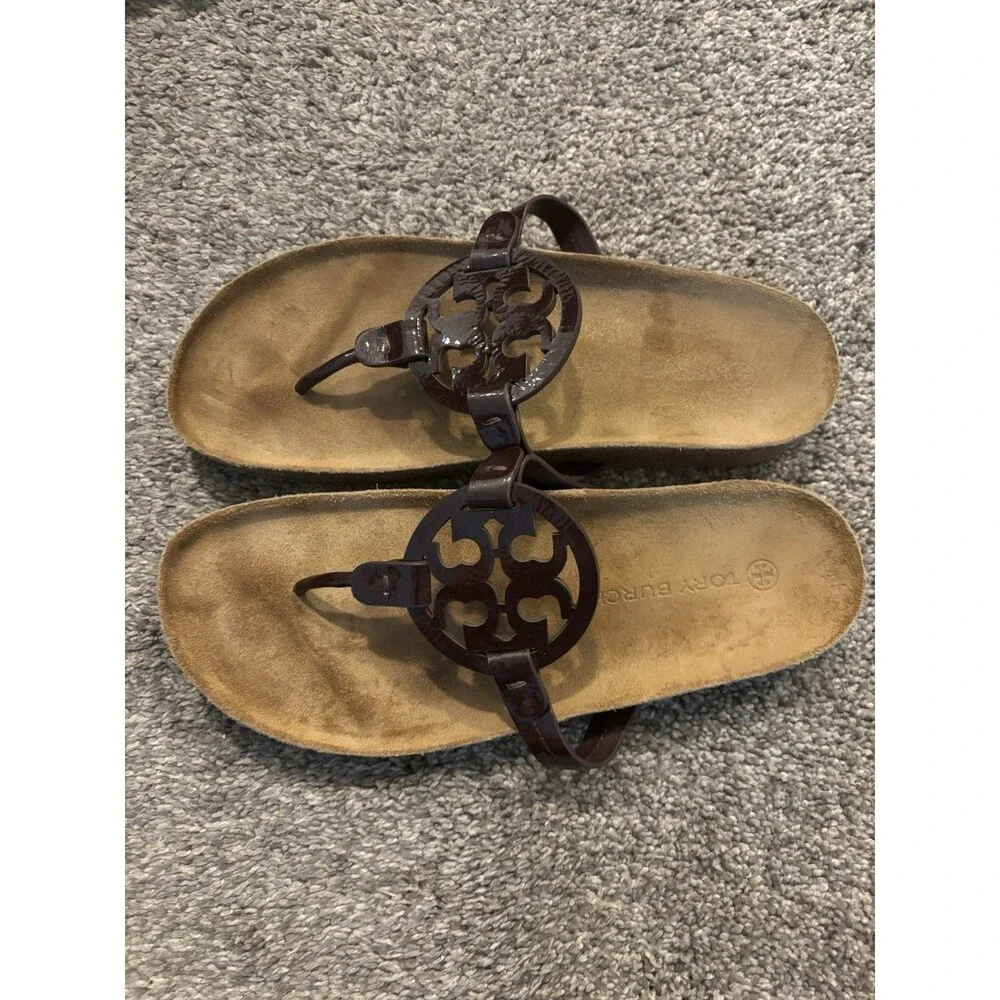 Tory Burch Miller Cloud Patent Leather Cork Thong Sandal Purple Size 10